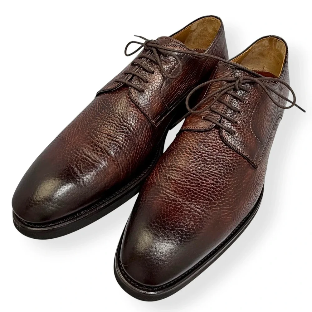 Magnanni Derby Shoes Melich III 12M $625 Brown Painted Grained Leather 23794